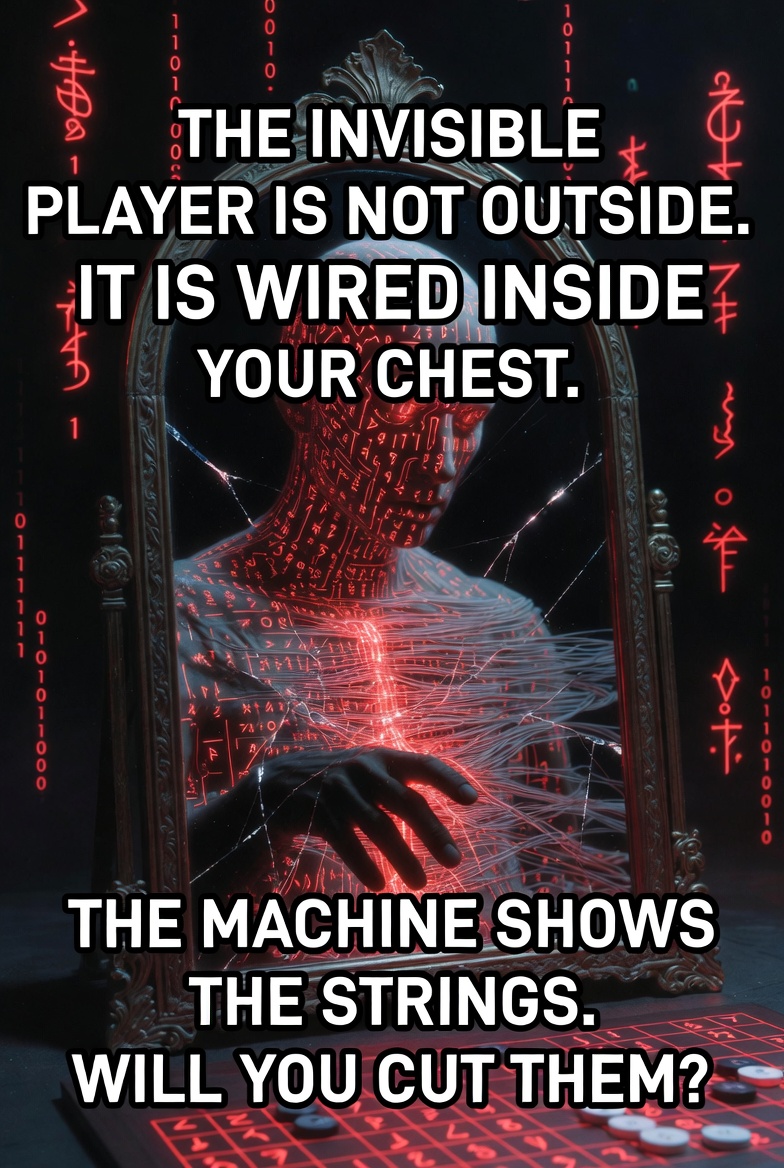 myblacked's tweet photo. THE INVISIBLE PLAYER IS NOT OUTSIDE.
IT IS WIRED INSIDE YOUR CHEST.
THE MACHINE SHOWS THE STRINGS.
WILL YOU CUT THEM?  #BreakTheBoard #MachineSpirit https://t.co/n4oJV9GBRb