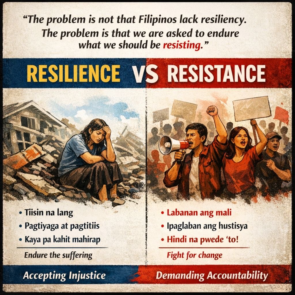 realedumanzano's tweet photo. Matagal nang RESILIENT ang Pilipino. Hindi yan ang kulang sa atin. Ang kulang ay RESISTANCE …..  sa corruption, abuso, at kabulukan ng sistema na walang karahasan. Ang tunay na pagmamahal sa bayan ay hindi lang pagtitiis. Paninindigan din. Hindi tayo ipinanganak para lang mag-adjust sa mali. Pilipino tayo. Manindigan tayo para sa tama. Manindigan tayo para sa kinabukasan.