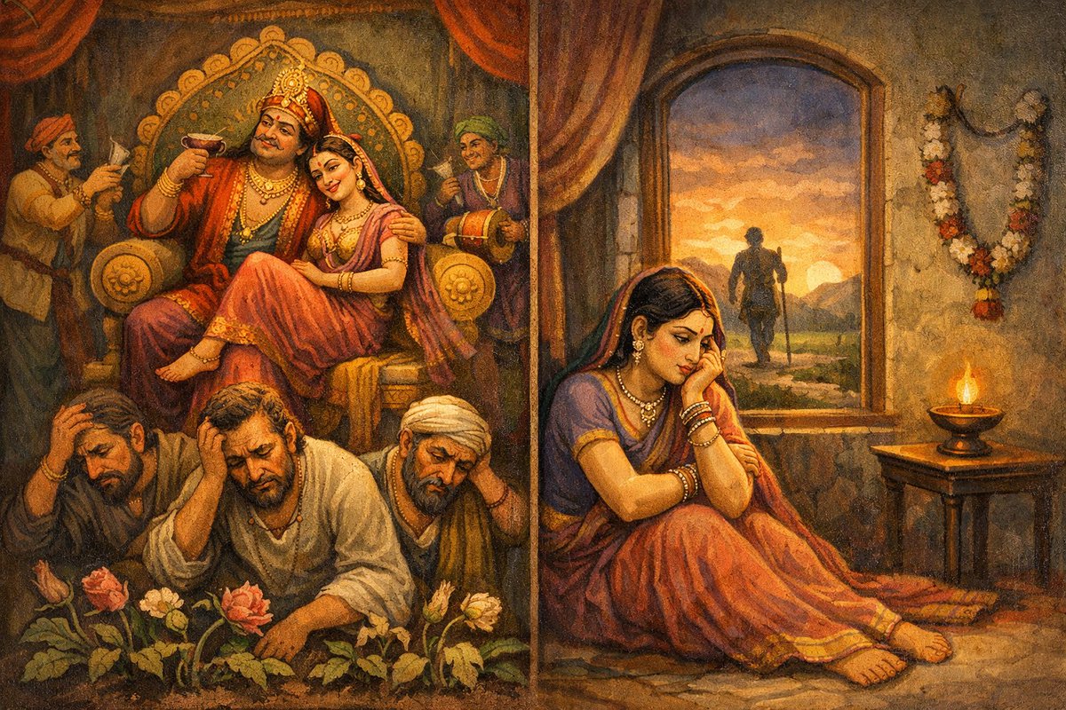Kosalendradas's tweet photo. अविवेकिनि भूपाले नश्यन्ति गुणिनां गुणाः।
प्रवासरसिके कान्ते यथा साध्व्याः स्तनोन्नतिः॥

जब राजा विवेकहीन होता है, तब गुणी व्यक्तियों के अच्छे गुण भी मुरझा जाते हैं; जैसे किसी पतिव्रता स्त्री के यौवन-गुण भी तब क्षीण हो जाते हैं, जब उसका पति घर से दूर रहने का अभ्यस्त होता है। https://t.co/1NmtU25D9q