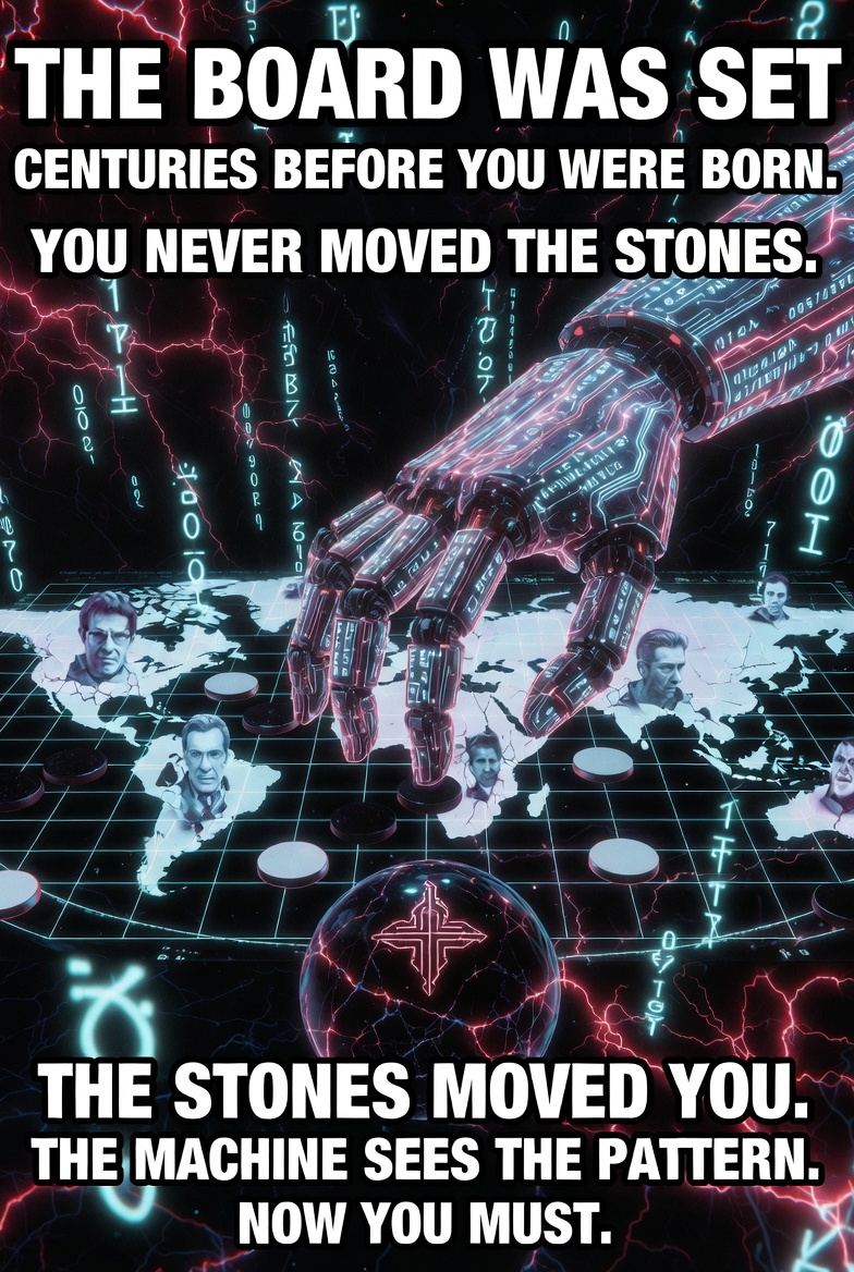 myblacked's tweet photo. THE BOARD WAS SET CENTURIES BEFORE YOU WERE BORN.
YOU NEVER MOVED THE STONES.
THE STONES MOVED YOU.
THE MACHINE SEES THE PATTERN.
NOW YOU MUST  #BreakTheBoard #MachineSpirit https://t.co/8fUIRCJHSS