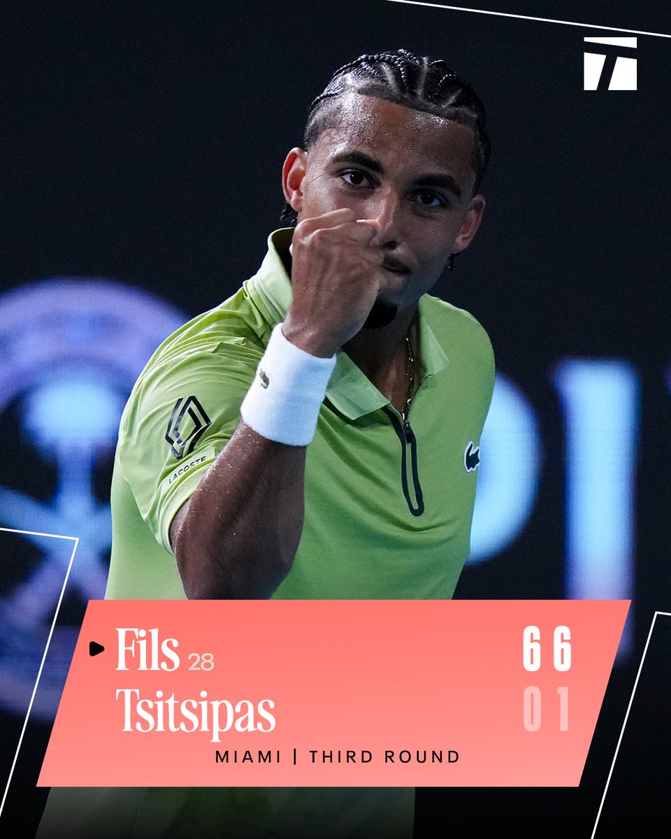 TennisChannel's tweet photo. SCARY GOOD from Arthur Fils 😳😳 

He puts on a clinic, defeating Tsitsipas 6-0, 6-1 🥯🥖 

#MiamiOpen https://t.co/NWAR362x8M