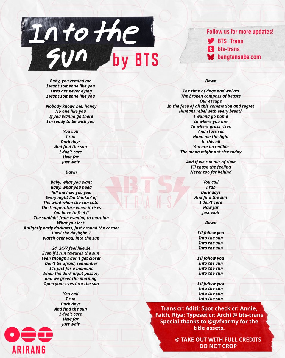 BTS_Trans's tweet photo. [KOR/ENG LYRICS] Into the Sun

@BTS_twt #BTS #방탄소년단
#BTS_ARIRANG

🔗https://t.co/Yvajw7E5yY https://t.co/h7dh91IkdU