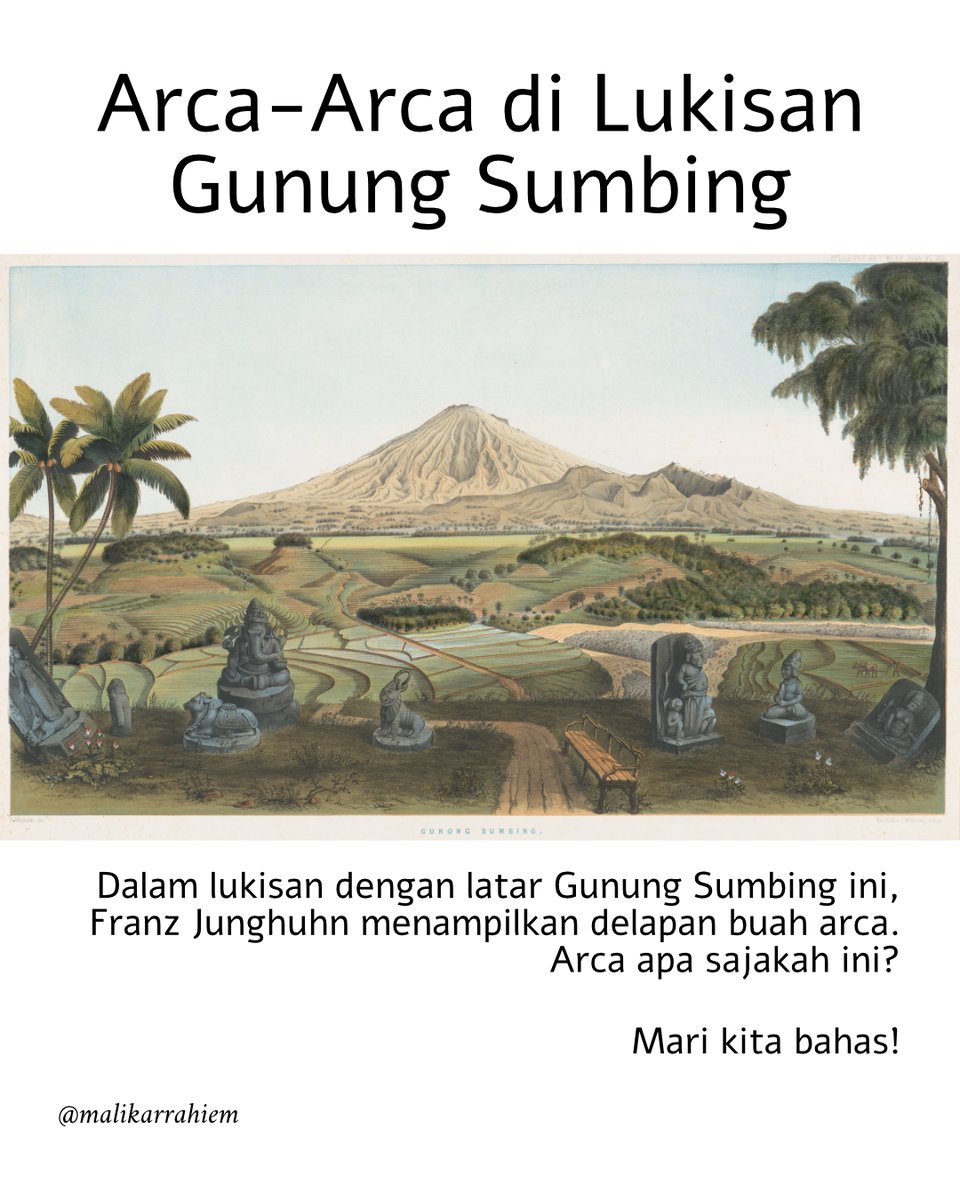 Salah satu lukisan Franz Junghuhn yg kaya banget dengan detail. Lukisan Gunung Sumbing yg digambar dari Rumah Residen di Magelang. 
Ada makalah yg membahas arca-arca yang digambar Junghuhn di lukisan ini. 
Ada fakta mengejutkan di akhir thread.

1/10