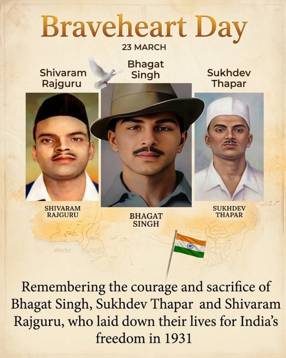 Bhagat Singh, Sukhdev, and Rajguru. 

At the young age of just 23, these revolutionaries embraced the gallows with a smile. 

Their patriotism and fearless spirit remain an immortal inspiration for every Indian.