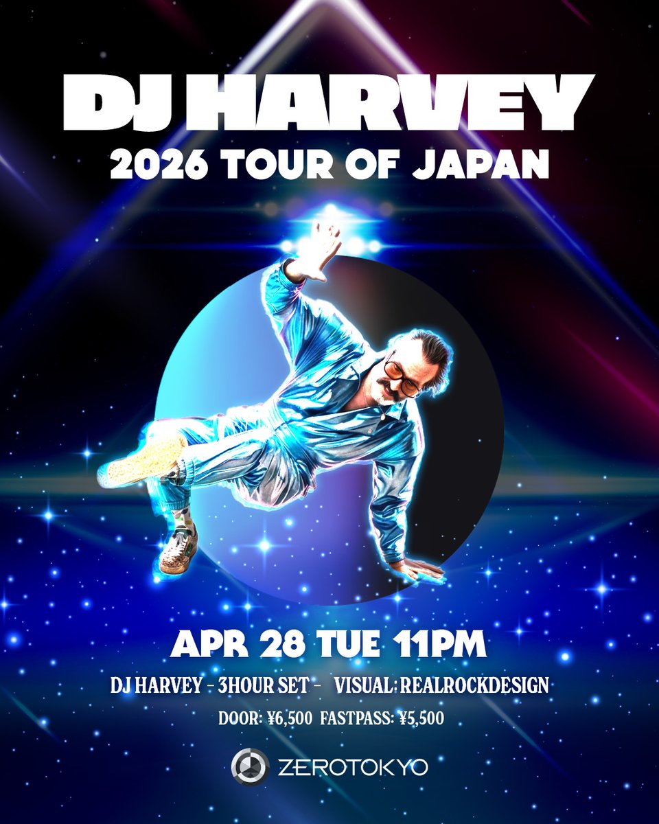 ZEROTOKYO_JAPAN's tweet photo. 音楽カルチャーメディア『Rolling Stone』で世界に君臨するDJトップ10に選出されたDJ HARVEYが遂にZEROTOKYOに初登場！

2026.4.28(火・祝前)
DJ HARVEY 2026 TOUR OF JAPAN
OPEN 11PM
HP：https://t.co/YrCvPHaLIB 
DOOR：¥6,500-
FASTPASS TICKET：¥5,500-（優先入場・入場料金含む）
【ZAIKO】https://t.co/xZg8HNn2IJ
【RA】https://t.co/m2F2ELgUCh
【イープラス】https://t.co/zYK8yRPiT6
【Tickets for overseas customers】https://t.co/VKMKQR2iFi
※イープラスでの券売は、3月26日正午販売開始。

【Z HALL】
DJ HARVEY - 3HOUR SET -
VISUAL：REALROCKDESIGN

VIP B3F [Z LOUNGE] RESERVATION：https://t.co/WqbyZWwKTD

#ZEROTOKYO