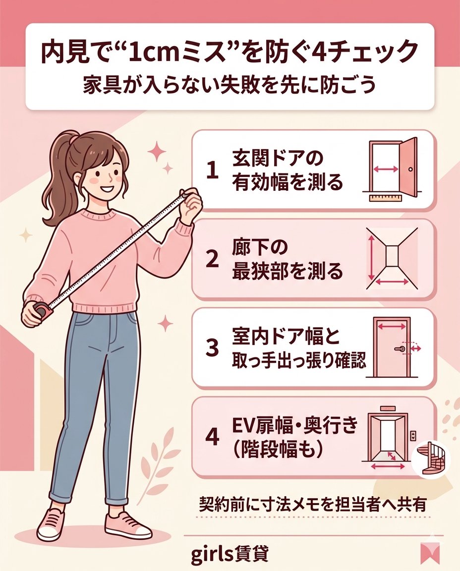 GirlsRealestate's tweet photo. 【内見で“1cmミス”を防ぐ4チェック】  
可愛い家具を選んだのに、 「玄関で入らない…」は本当によくある失敗😭

一人暮らし・住み替え前は、 
この4つを“内見中に実測”しておいてね✅ 

1) 玄関ドアの有効幅（ドアを開いた実寸）
2) 廊下の最狭部（曲がり角・手すり周り） 
... https://t.co/RqqlS3MBwb