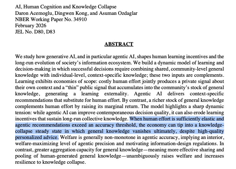 Acemoglu’nun <a href="/DAcemogluMIT/">Daron Acemoglu</a> yeni makalesi: 

Yapay zeka kısa vadeli karar kalitesini artırabilir ancak toplumdaki kolektif bilgiyi sürdüren öğrenme teşviklerini aşındırarak uzun vadede bilgi azalması veya çöküşü riski yaratabilir.
