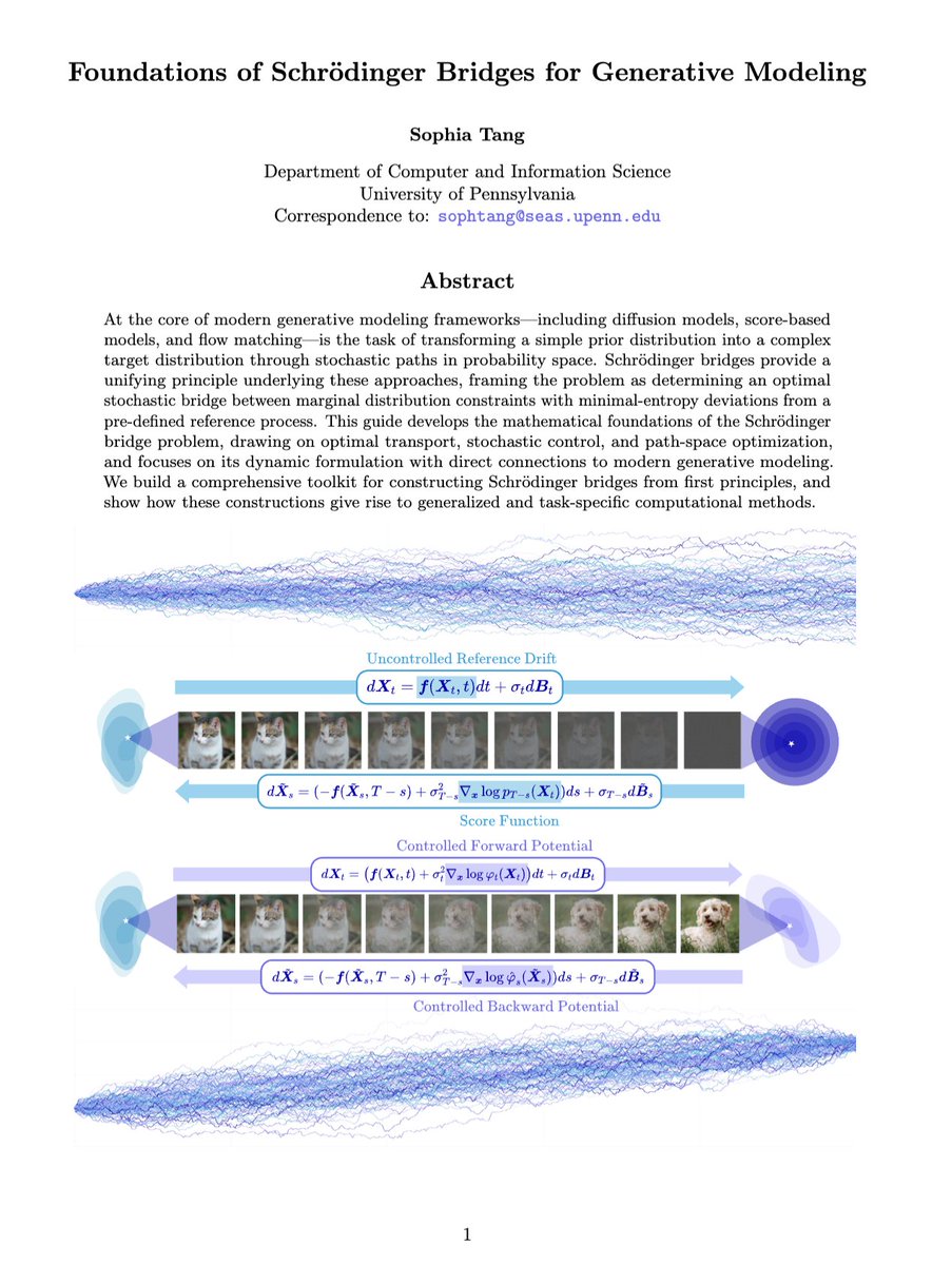 "Foundations of Schrödinger Bridges for Generative Modeling"

This paper shows that diffusion models, score-based models, and flow matching are really just different views of the same core idea: a Schrödinger bridge that moves noise into data along the most efficient stochastic