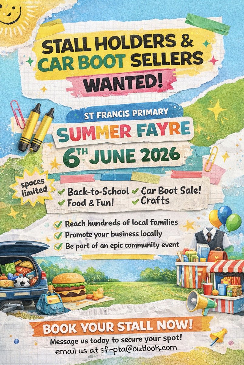 StFrancisPG's tweet photo. Our Parent Council are holding a Summer Fayre 😎🎟️
Come along to:
✔ Reach hundreds of local families
✔ Promote your business locally
✔ Be part of a fantastic community event
Spaces are limited, email sf-pta@outlook.com to book your stall or pitch! 🤎🩵💚
@StF_Parent_C https://t.co/BQKasrJVLG
