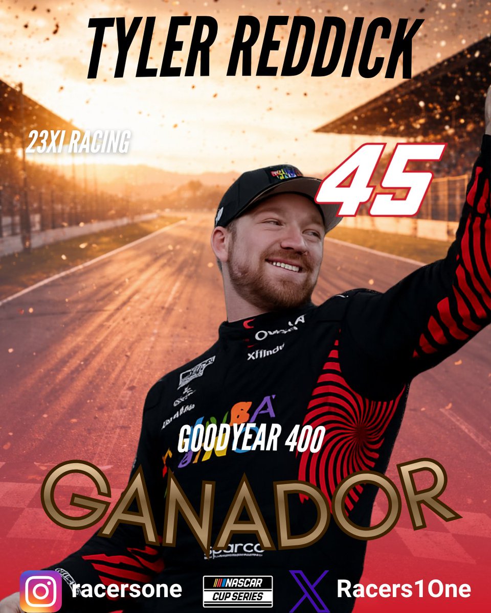 Racers1One's tweet photo. #NASCAR #GoodYear400 | redDICK LO HACE DE NUEVO 🥇🔥
Tyler Reddick se lleva la victoria en Darlington y su cuarta del año.
Gran conducción del 45 de 23XI Racing que logra entrar a un selecto grupo. 🏁 https://t.co/tRuRKUnQUA