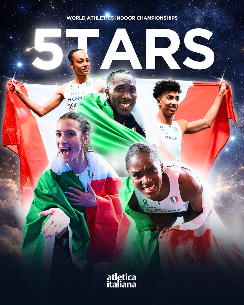 5TARS ⭐️

🥇Andy Diaz
🥇Nadia Battocletti
🥇Zaynab Dosso 
🥈Larissa Iapichino 
🥈Mattia Furlani 

#atleticaitaliana #WorldAthleticsChamps