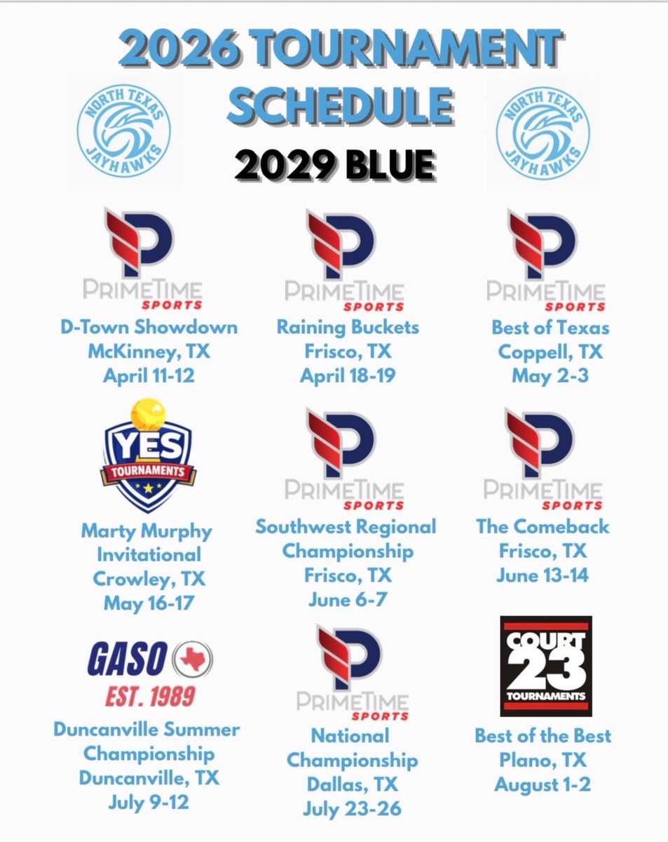 ntxjayhawks's tweet image. Upcoming 2026 Spring/Summer tournament schedule for our North Texas Jayhawks 2029 Blue! The work starts now! #PTT
