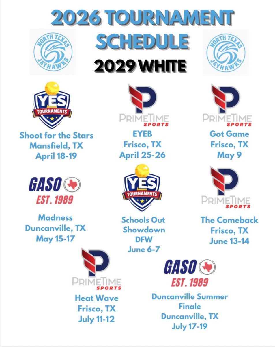 ntxjayhawks's tweet image. Upcoming 2026 Spring/Summer tournament schedule for our North Texas Jayhawks 2029 White! The work starts now! #PTT
