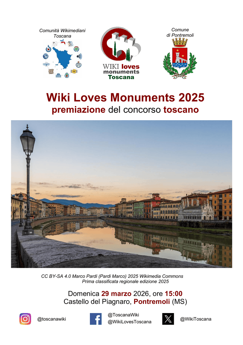 WikiToscana's tweet photo. 📢#29marzo alle 15:00 🕓premiazione #WikiLovesToscana2025 a  🗺️ #Pontremoli

👉🥇🥈🥉https://t.co/jfMfkCCG27
👉📄https://t.co/oZXLlcfOhL (volantino formato pdf)     
 
👉FB https://t.co/KGrCOJoMqU
👉IG https://t.co/TP2xj4LWNg https://t.co/b75juu7MvR