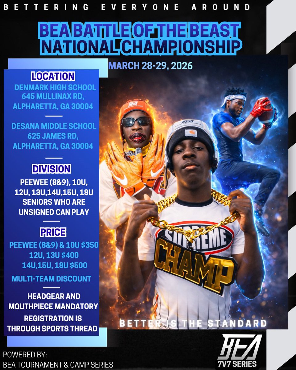 BEA7series's tweet photo. BEA Battle of the Beast National Championship❗️❕

This weekend March 28-29, BEA will have the top teams in the southeast competing for the best 7v7 Teams to play this year. Teams from GA, AL, TN, SC, NC and FL will be there. 

Let me know if interest, spots still available https://t.co/Nnqt4Sk4ib