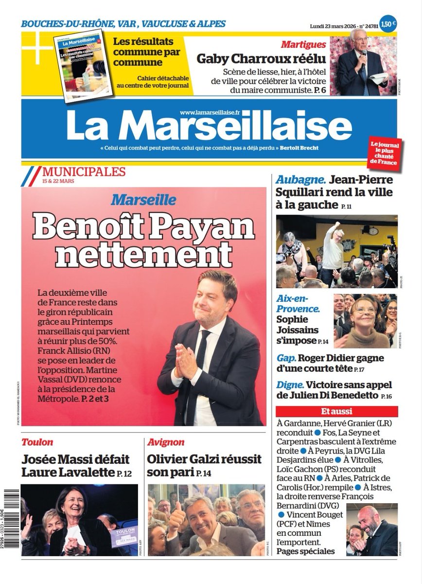 #ÀlaUne du 23 mars 2026 #Municipales #Municipales2026 #Marseille #BenoîtPayan #Martigues #Aix #Arles #Avignon #LaSeyne #Gap #Digne #Toulon 
En kiosque et par abonnement sur lamarseillaise.fr