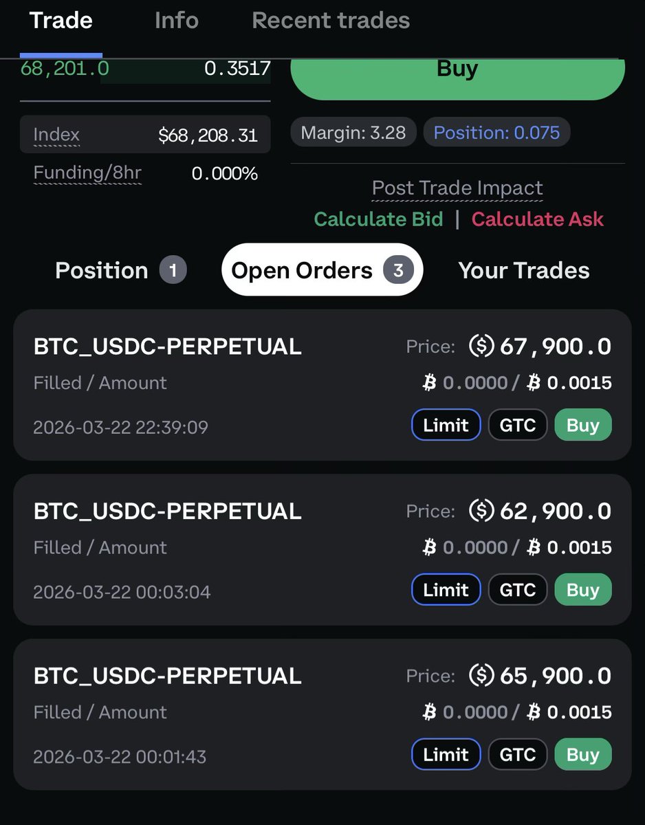 Markets reacting to geopolitical tension.

Futures down. Oil up. Gold getting hit.

Meanwhile I’ve got BTC bids stacked:
• 67.9K
• 65.9K
• 62.9K

Let the volatility do the work.

Going to sleep… let’s see if the market fills me