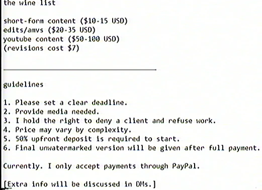 sugarkodah's tweet image. video editing reel and sheet 🎬

now accepting video editing commissions please dm me on here or ask for my discord handle for more info

#videoediting #commisions #forhire