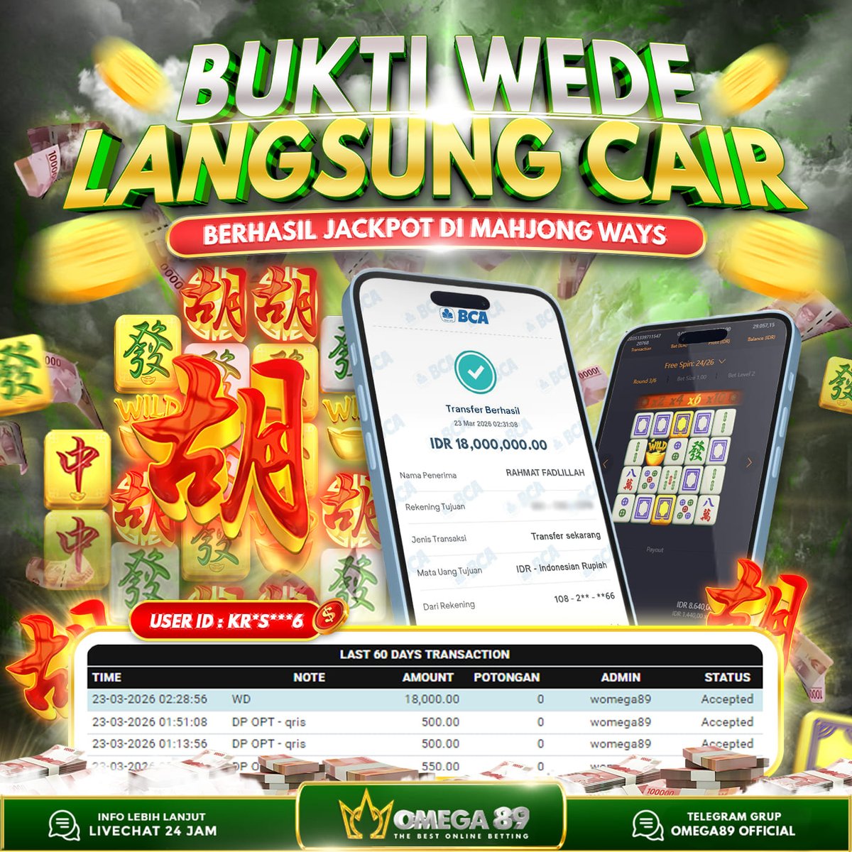 omega89top's tweet photo. OMEGA89 JACKPOT DI MAHJONG WAYS Rp.18.000.000,- LUNAS!!💸💸

✅ Withdraw Cepat
✅ Bukti Transfer Nyata
✅ Menang Berapapun Pasti Dibayar

Raih JP nya sekarang juga bersama OMEGA89!

🌐 https://t.co/6k7iYfwDRU

#Omega89 #Omega89login #Omega89top #Jackpot #Pgsoft https://t.co/vaeJJy4LTz
