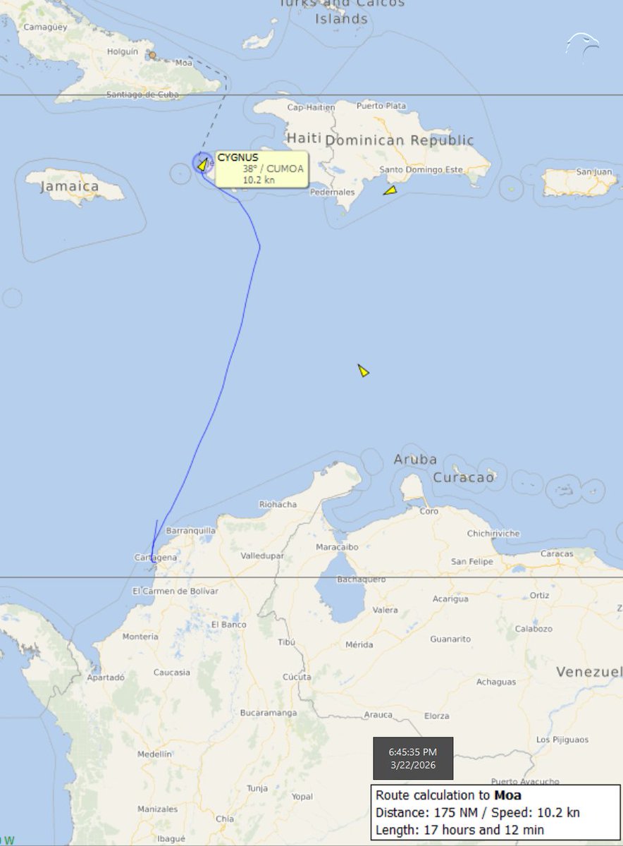 FlconEYES's tweet photo. CYGNUS 9197428
General Cargo Ship
#Cartagena (#Colombia)-#Moa (#Cuba, #Holguin)
El #CARTELDELAHABANA muta y comienza a utilizar buques de carga general especializados en isotanques de combustible y redirigirlos hacia #Moa. La minería de #Oro, #cobalto, #Cromo, #niquel, #escandio es la gema de ingreso del cartel.
Llenó en la zona de combustibles de #Mamonal.
Captura satelital debajo. (via ArcGIS Sat)
Capacidad: 2,528 t
#Now #Cuba #AIS #cubarcos #21Mar