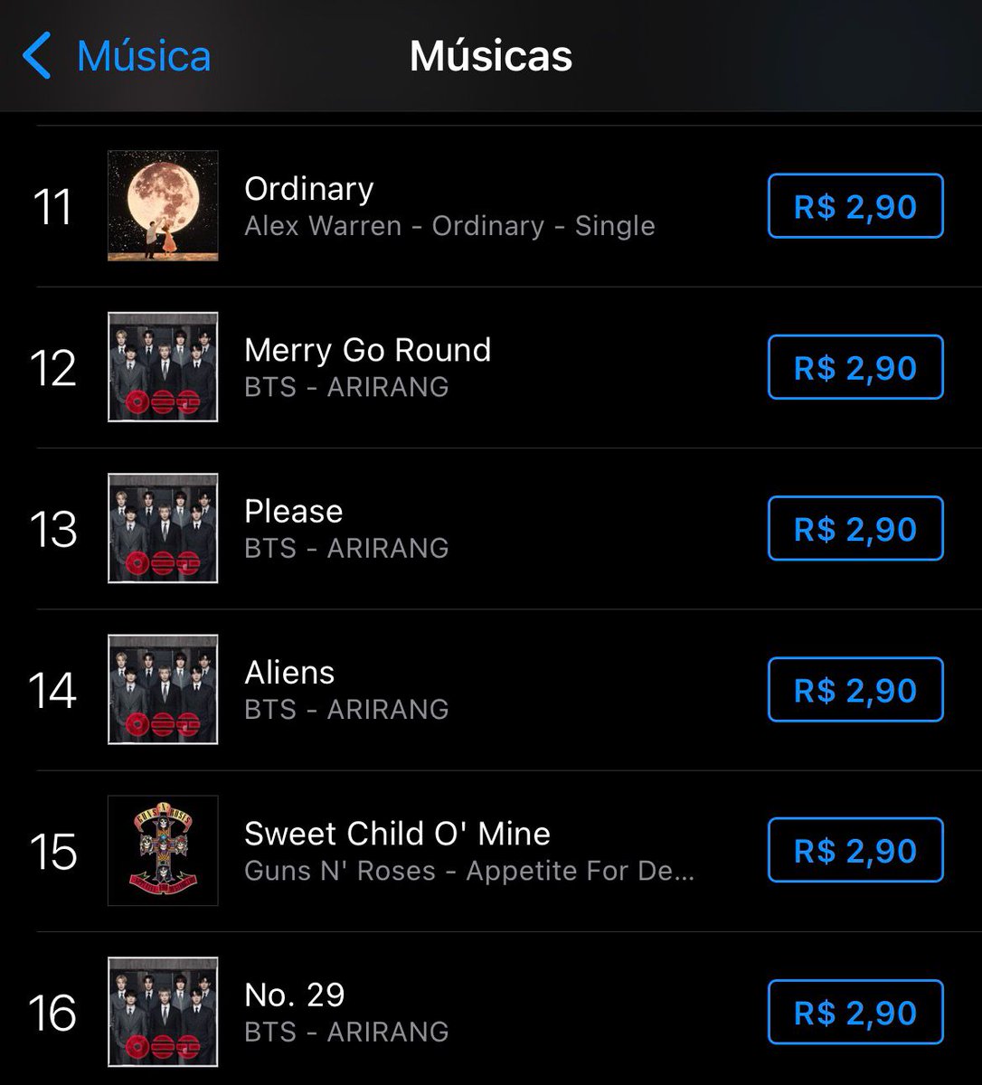 🚨| ATENÇÃO BARMYS

Começamos perder posições, e não temos mais as 14 primeiras posições no iTunes Brasil 🇧🇷

Apenas o Top 10 pertence ao BTS, no momento! 

BARMY NO ITUNES
COMPRE SWIM NO ITUNES BRASIL 
#BTS_ARIRANG 
#BTS_SWIM