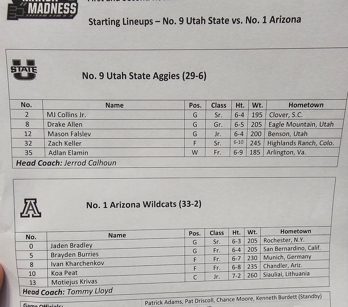 jwalker_sports's tweet image. Starters for #9 Utah State vs #1 Arizona. A spot in the Sweet 16 and the fate of Cinderellas in this year's March Madness is on the line.