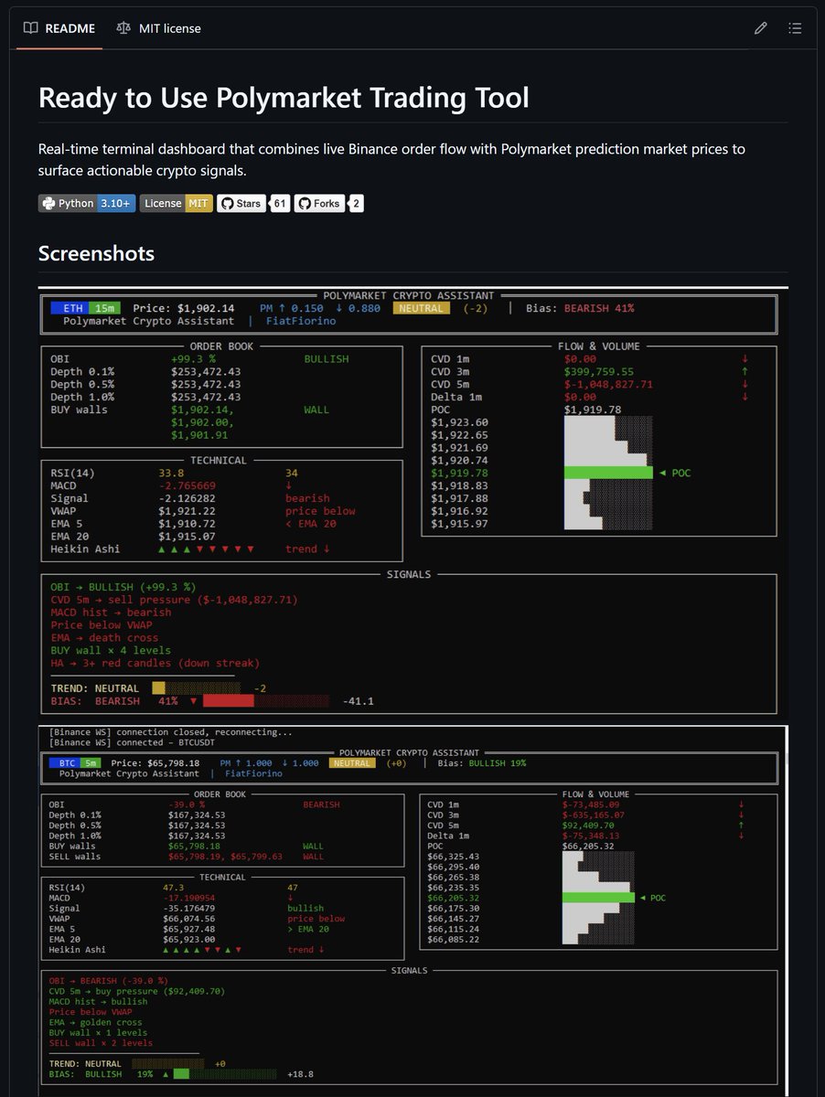 recogard's tweet photo. I just found the 3 best and super underrated ready to use Polymarket tools on GitHub and they are completely free…

Everything u need to automate and make your trading and decision making on Polymarket much easier:

1. This tool analyzes everything happening on the internet over the last 30 days and finds useful patterns and trends. It is literally your own research assistant that helps u to decide what to bet on based on the latest news. 

Gh link: https://t.co/yETdyU8jT7

2. AI trading server that lets Claude connect directly to Polymarket. It can analyze markets, track price movements and give u some text suggestions on how to approach yr next bet. You can even connect it to yr own poly account and let Claude trade for u.

Gh link: https://t.co/5kFPrvOY3E

3. Real time market tool that analyzes live data from Binance and Polymarket at the same time. It uses 11 different indicators to show u exactly where the current market is heading and make your trading way more easier and clearer.

Gh link: https://t.co/hZWnnp3GwT

Each of these tools comes with a detailed step by step setup and usage guide, so its actually not so difficult to figure out…