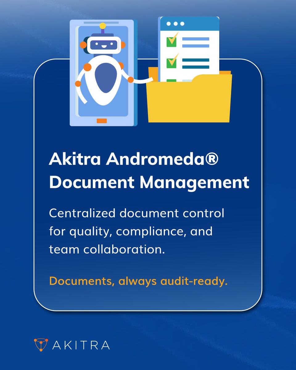 Akitra_Inc's tweet photo. Compliance documents shouldn’t live in scattered folders.
Akitra Andromeda® centralizes document control with approvals, version tracking, and training assignments.
Documents, always audit-ready: https://t.co/L7JvPrsiSP
#DocumentManagement #AuditReadiness #EQMS #Akitra https://t.co/5MaNuBgZPD