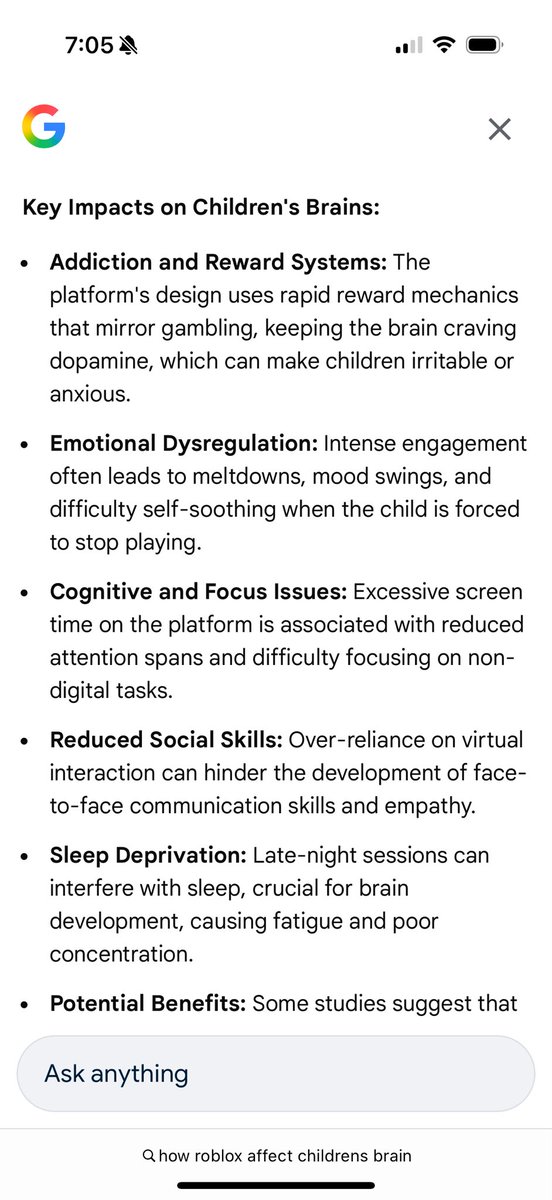 I just witnessed how bad and manipulative <a href="/Roblox/">Roblox</a> game is for an 8-yr old. It’s impacting their brains 🧠 and leads to depression and anxiety. There must be a serious investigation. These addicted games are affecting our children <a href="/POTUS/">President Donald J. Trump</a> <a href="/DonaldTrump/">Donald J. Trump</a> <a href="/IvankaTrump/">Ivanka Trump</a> <a href="/MELANIATRUMP/">MELANIA TRUMP</a>