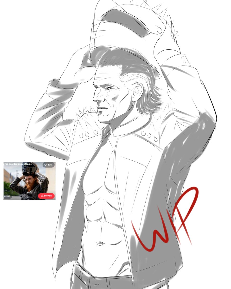 TMetinna's tweet image. Finally painting again. Another modern take on Emhyr/Duny, as a biker. Ref is a screengrab for arms and helm. #digitalart #thewitcher #workinprogress #paintoolsai #emhyrvaremreis