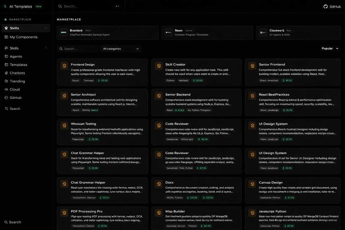 Skills marketplace interface showing available skills: Frontend Design, Skill Creator, Senior Architect, Senior Backend, and more