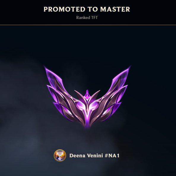 DeenaVeneto's tweet photo. After too many games, I've finally hit Master rank in TFT!

Going from Plat 4 peak to this was quite the journey, but I'm glad I did it.

That said, as a (now) top 1% player, I can say with complete confidence that this game sucks and I'm looking forward to having my life back! https://t.co/9Pqa6nz5NN
