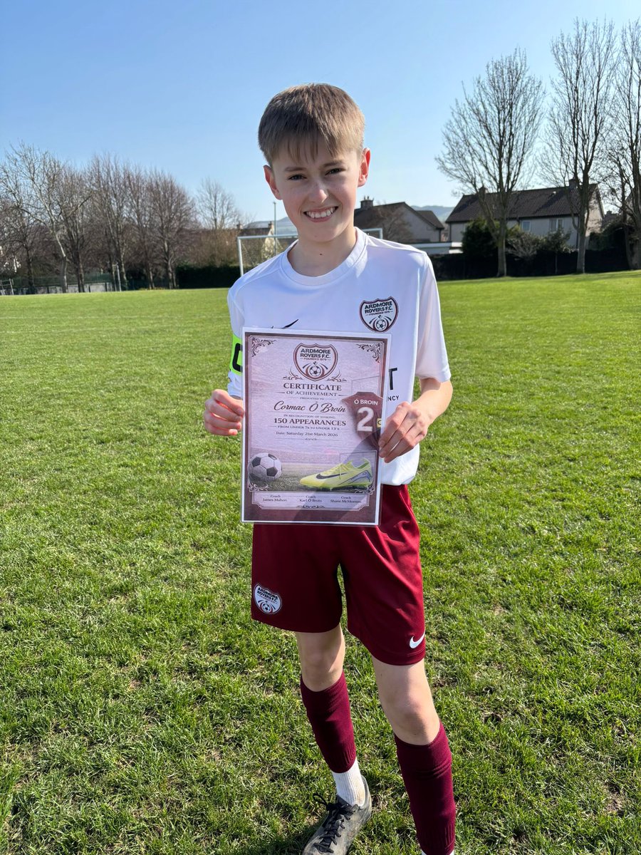 ArdmoreRoversFc's tweet photo. ⚽️ Appearances Milestone ⚽️

Congratulations to Cormac Ó Broin from our U13 Maj1 team who has reached the milestone of 150 appearances for Ardmore Rovers at the weekend. 

Cormac has played 150 of the 151 games that his team have had from U7s up to U13s…

https://t.co/YxjkT4Ji60 https://t.co/UUXuLGyenb