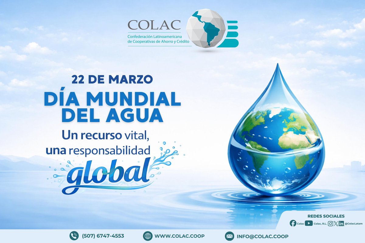 ColacPanama's tweet photo. 💧 22 de marzo | Día Mundial del Agua

El agua es mucho más que un recurso: es vida, desarrollo y bienestar para nuestras comunidades.

🌍 Un recurso vital, una responsabilidad global.

Cada acción cuenta. Cuidar el agua es cuidar nuestro futuro.

#DíaMundialDelAgua #AguaEsVida https://t.co/fvodP4FQ2r