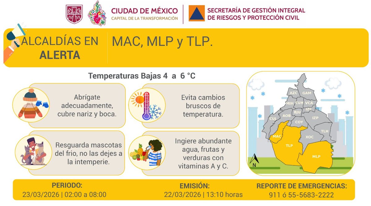 AztecaNoticias's tweet photo. #Clima | Se activa #AlertaAmarrilla por pronóstico de bajas temperaturas para la madrugada y mañana del lunes, en las demarcaciones Magdalena Contreras, Milpa Alta y Tlalpan . https://t.co/Ac977Q1f5k