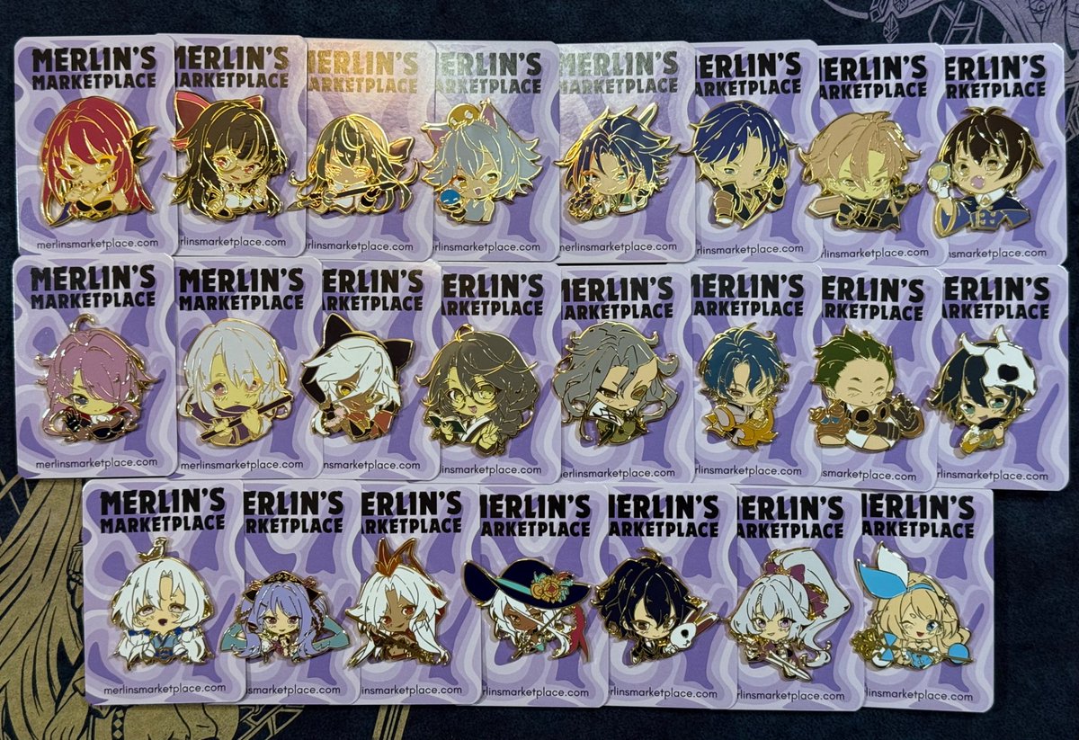 The enamel pins of all the Grand Archive champions are finally complete thanks to <a href="/LukyYuki/">Luky🖌️｜Luka 👑 (COMMISSIONS ARE OPEN)</a>! 

You can purchase the new 7 designs (HVN -> PTM champs) on the MM website:
merlinsmarketplace.com/products/luky-…

All the pin designs will also be available at the Core TCG Ascent LA booth in limited