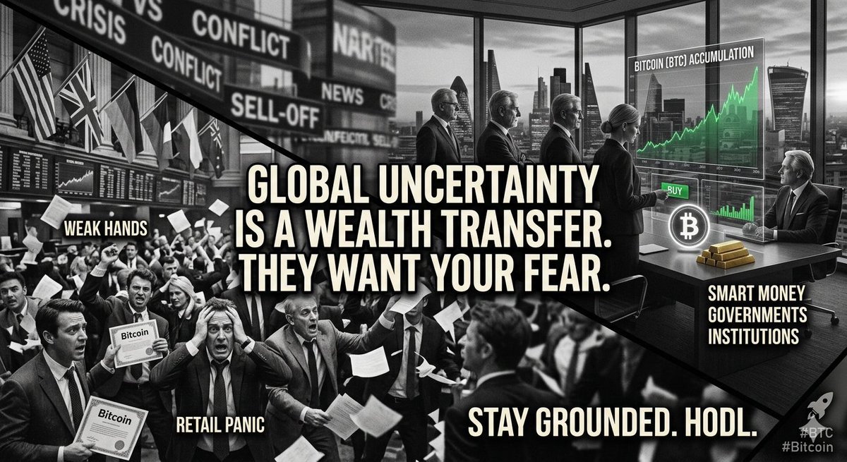 OrangeArkC's tweet photo. History shows that during times of global uncertainty, the "weak hands" sell and the "smart money" accumulates. 
​If you think the big players aren’t using this fear as an opportunity to buy cheap BTC, yThey want your fear; they need your liquidity.
​HODL. https://t.co/fugE3lalpw