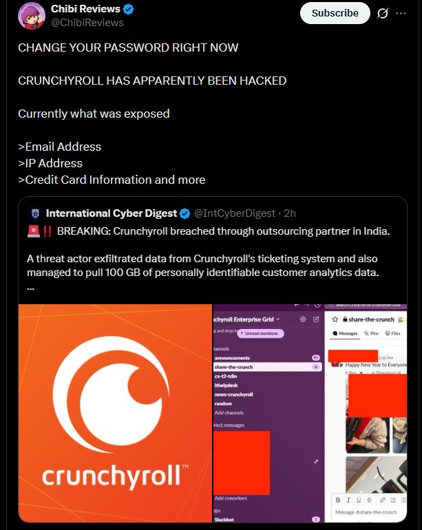 bdbs596790's tweet photo. ⚠️تنبيه مهم جداً⚠️

إذا كنت تلعب على نسخة  Crunchyroll، يفضل تغير كلمة المرور مالتك فورًا.

صار اختراق كبير، وتم تسريب حوالي 100GB من بيانات Crunchyroll التحليلية . 

#BleachSoulResonance #Bleach #BLEACHGame #bleachanime #gaming https://t.co/mxAEkfJa0A