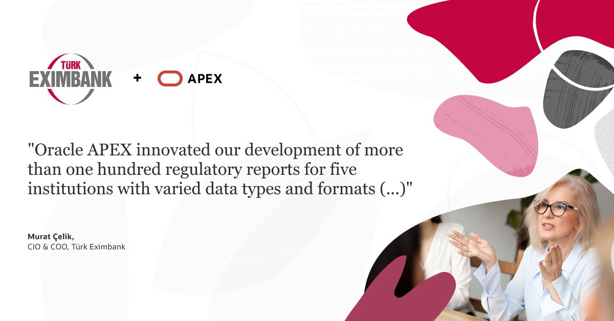 OracleAPEX's tweet image. 🆕 Customer Success Story!

Türk Eximbank, the official export credit agency of the Republic of Türkiye, uses Oracle APEX to consolidate diverse regulatory reports, streamlining integrations, workflows, and approvals. social.ora.cl/6013B6Z4Zl

#orclAPEX #LowCode
