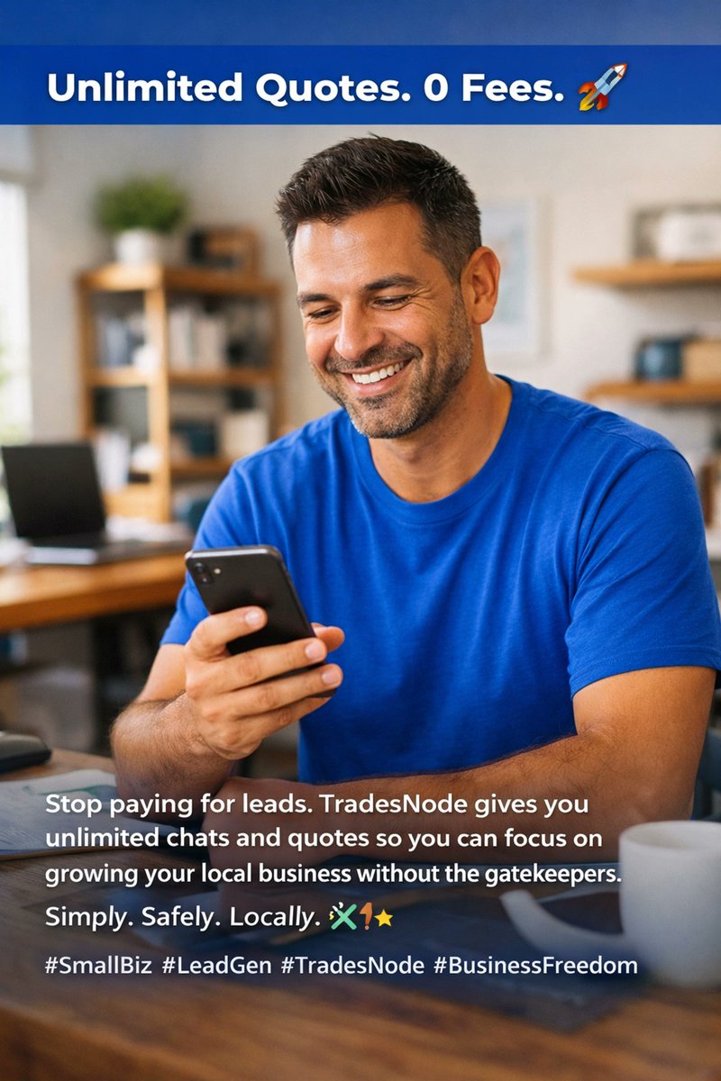 tradesnode's tweet photo. Stop paying for leads. 🛑 TradesNode gives you unlimited chats &amp; quotes with zero fees! 🚀 Scale your local business without the gatekeepers. Focus on your craft; we’ll handle the rest! Simply. Safely. Locally. 🛠️✨ #SmallBiz #TradesNode #BusinessFreedom

https://cdn. https://t.co/0jZ8IWPzTN