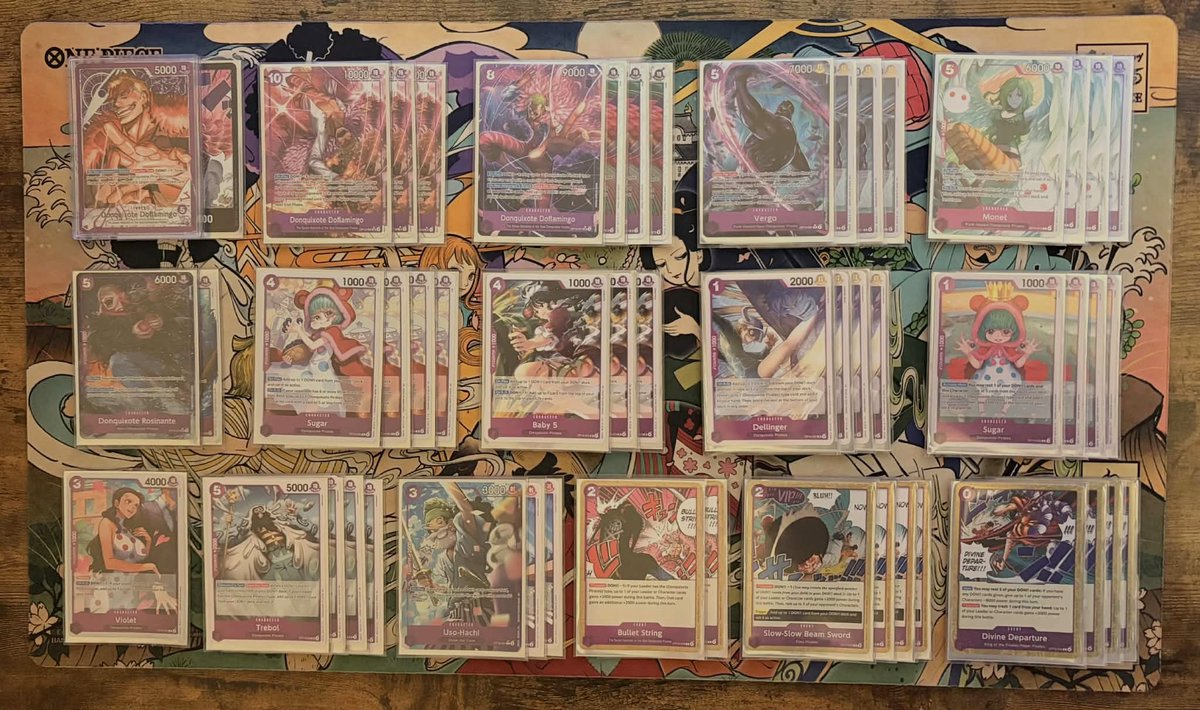 TrashMan0599's tweet photo. Finally won a Store Treasure Cup after playing in the finals at three different tournaments. Ran all 3 with Purple Doflamingo 🦩

Having a lot of fun with ths leader! I think this is the best the meta has been in a while 🙏

🟡Luffy✅
🟢Mihawk✅
🔵Kuzan✅
🟣🟡Rosinante✅ https://t.co/dTL9AxBeBF