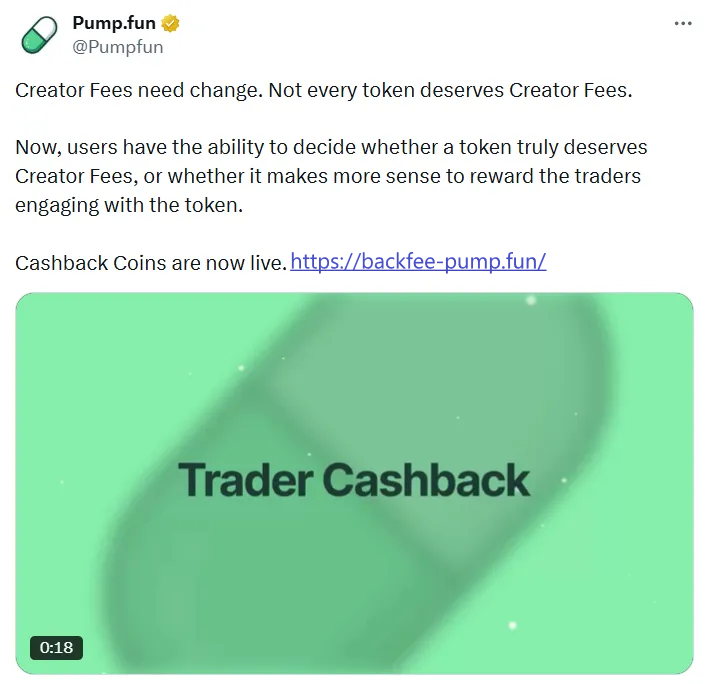 🚨 Pump Fun CashBack for Solana Users 🚨
Are you a Solana user? You might be eligible for trading fee cashback 💸

🔎 Check cashback here backfee-pump.fun

💸Pump fun has launched a trading fee cashback program available to all users