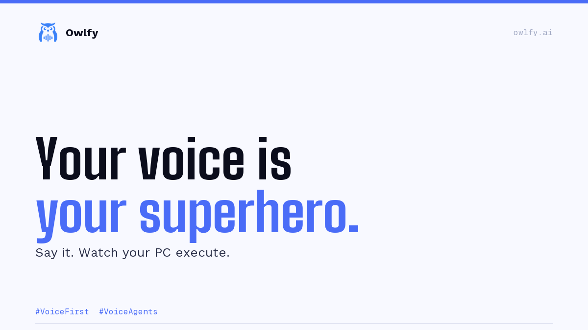 Owlfy_ai's tweet photo. Most "AI voice" tools hear you.
Then hand you a transcript and wish you luck.
Owlfy hears you and the task is done.
80+ tools. Local. Milliseconds.
The gap isn't features — it's whether your AI works for you or just listens.
#VoiceFirst #VoiceAgents #VoiceAutomation https://t.co/mCMWPmMLyr
