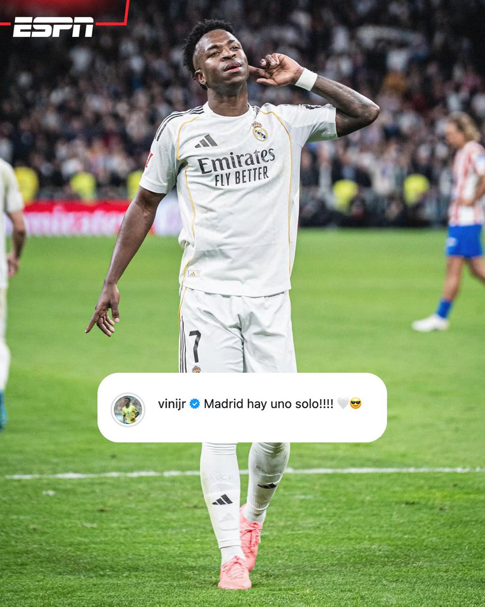 ESPNmx's tweet photo. ¡MADRID ES BLANCO! 😎🔥

👀 Así fue el post de Vini Jr, luego de marcar doblete y ganar el derbi madrileño. https://t.co/bzMdnNIGY6