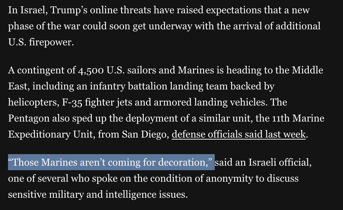 The contingent of 4,500 U.S. sailors and Marines heading for the Middle East signals a plan “to take the Island and the Strait of Hormuz", according to an Israeli official - WaPo  

"Those Marines aren’t coming for decoration", the official says

washingtonpost.com/world/2026/03/…