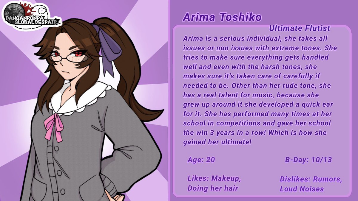 Global_Despair's tweet photo. [CHARACTER PROFILE 13]

Arima Toshiko - Ultimate Flutist 
(Full sprite in the replies) 
Design By @curled_wire

#fangantwt #fanganronpa #DrGBLD https://t.co/2YlvJM7NJP