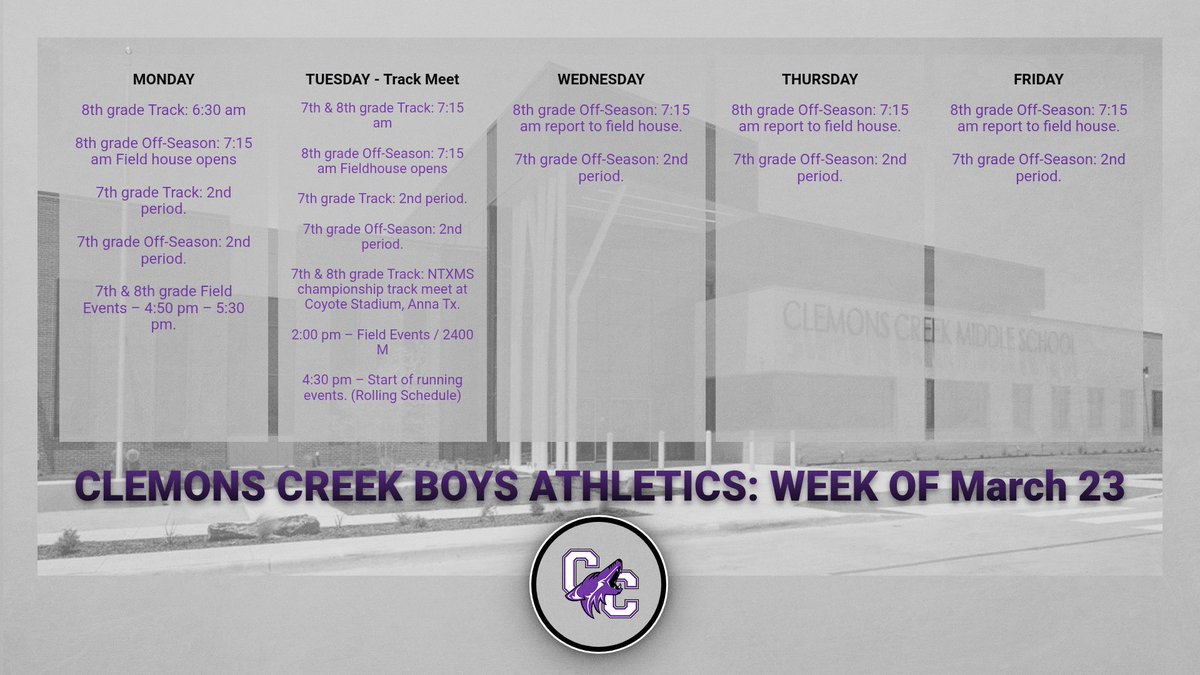 Week of March 23
Clemons Creek Boys

Track practices and Off-season Schedules
Track meet on Tuesday at Coyote Stadium

For those attending morning track practices, make sure you dress appropriately for the weather.

#CU