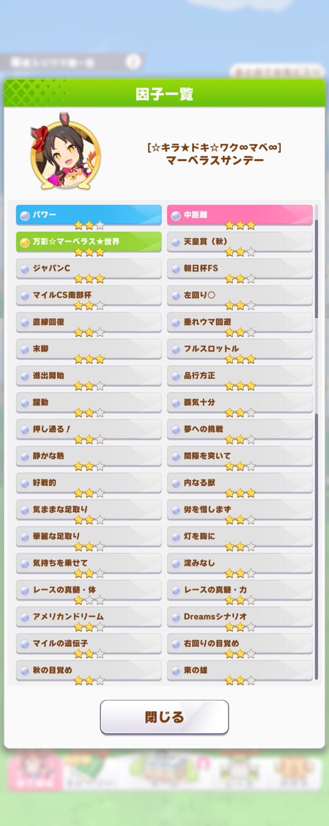 cr2ck1's tweet photo. 久しぶりに良い因子が出来たので共有
4月差し　ステゴ側祖用マベサン
裏マイル6なのでステゴ以外には不向き
みんな歯を食いしばってステゴ周回、しよう！ https://t.co/8gJNJuHxm0