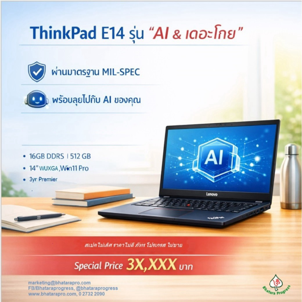 BhataraProgress's tweet photo. แล็ปท็อปสายทำเงิน! อึดระดับ MIL‑SPEC โกยงานลื่น ไม่กลัวพัง
💻 Lenovo ThinkPad E14 G7 (Ultra 5 226V)
RAM 16GB LPDDR5x 8533
SSD 512GB M.2 2242
จอ 14” WUXGA คมกริบ
Win 11 Pro พร้อมใช้งาน
✨ ถ้าสเปคไม่เลิศ ราคายังไม่ดี… ภัทร โปรเกรส ไม่ขาย!
📩 marketing@bhatarapro.com
☎️ 0 2732 2090 https://t.co/axuXhN0iJm