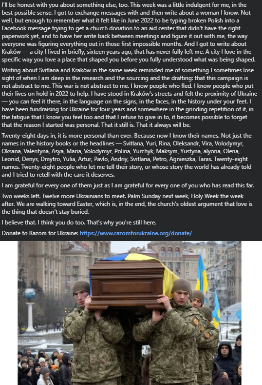 BWarzy's tweet photo. 28 days. 28 names. A soldier-poet in a trench and a priest at a graveside reached for the same three words from completely different directions.
Love never fails.
Two weeks left. Donate: https://t.co/kxSbWEb6os #Ukraine #Razom https://t.co/TvgpFJwvdE